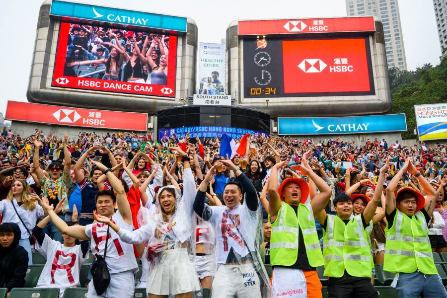 View of costumed crowds in the South Stand at the Hong Kong Rugby Sevens. 